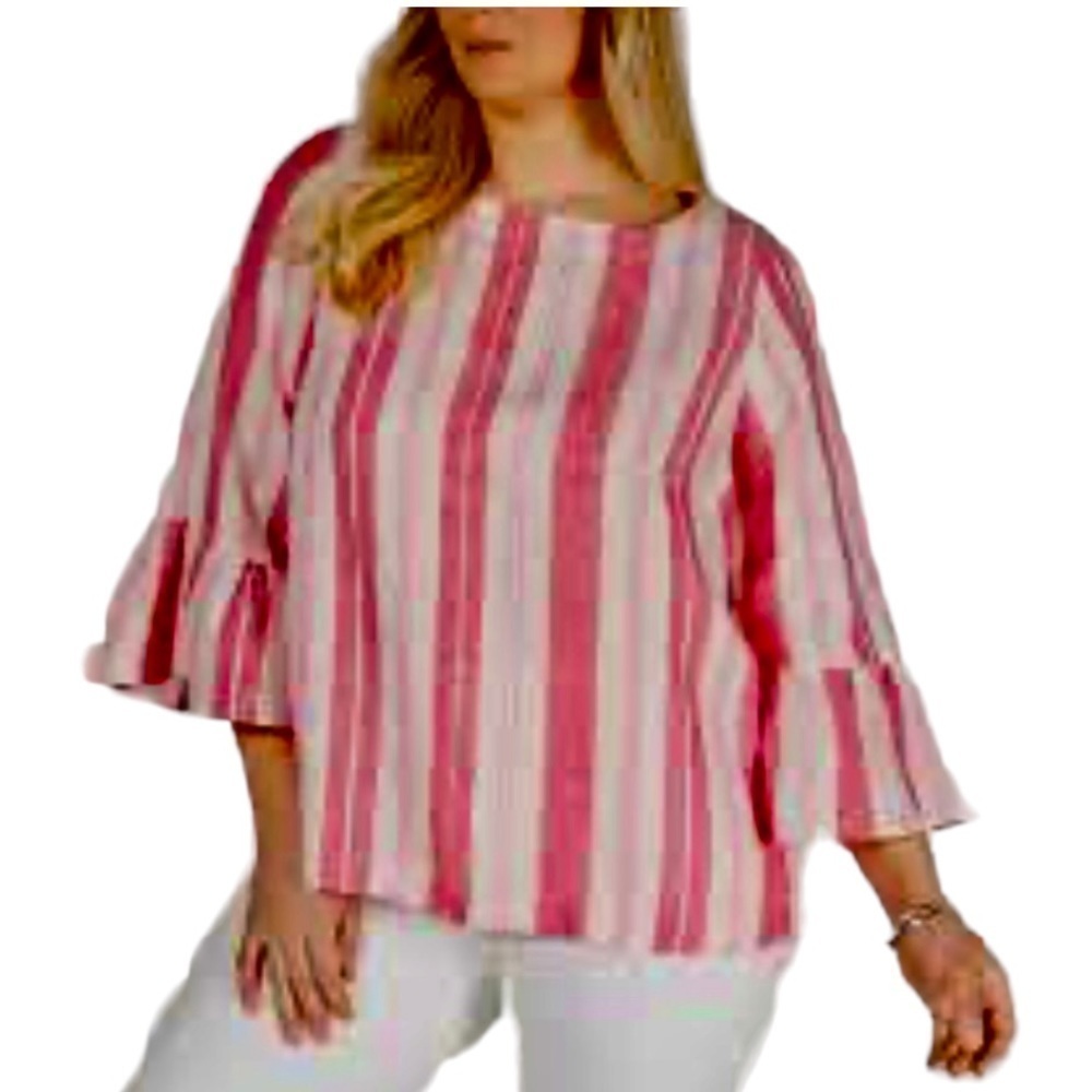 Charter Club Pink Linen Striped 3/4 Ruffle Sleeves Casual Top Womenโs XL - Picture 2 of 9